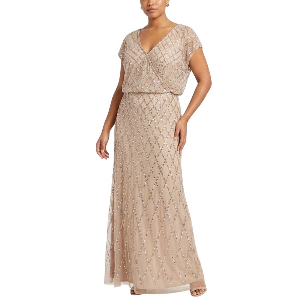 Adrianna Papell Champagne Taupe Column Evening Gown Sequin V-Neck Dress Size 10